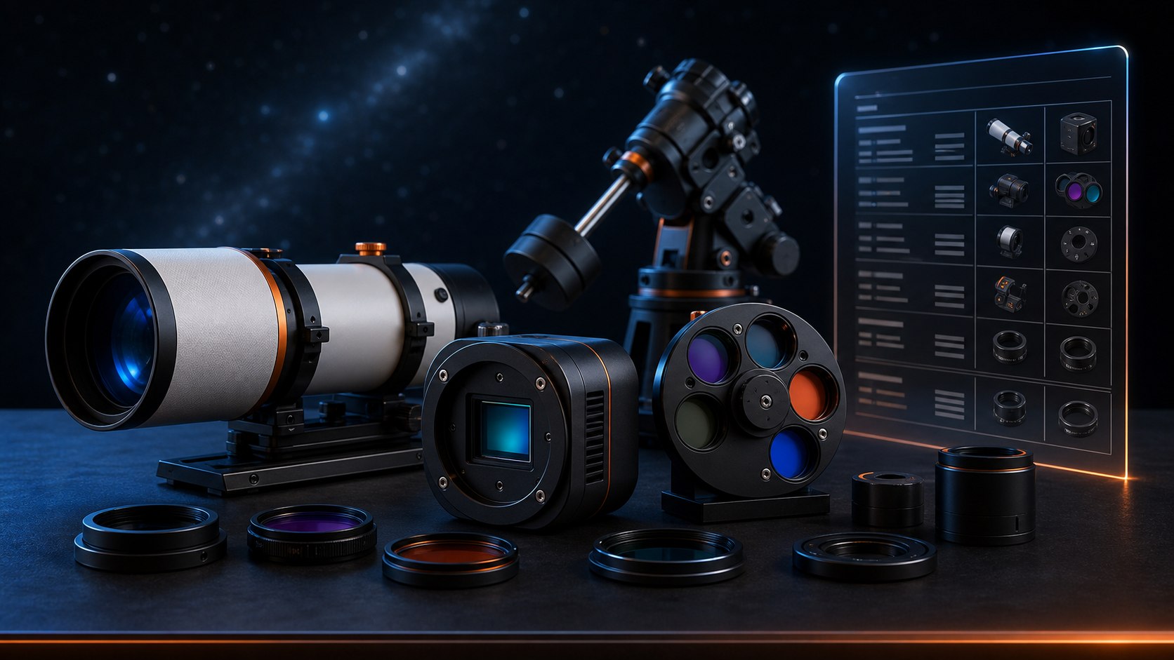 Astrofotoğrafçılık ekipmanları, kamera sensörü, filtre çarkı ve karşılaştırma paneli