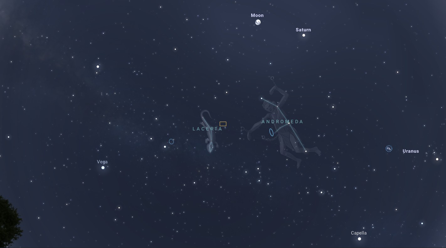 Gök atlasında Andromeda ve Yılan takımyıldızları, Ay, Satürn ve kadraj dikdörtgeni