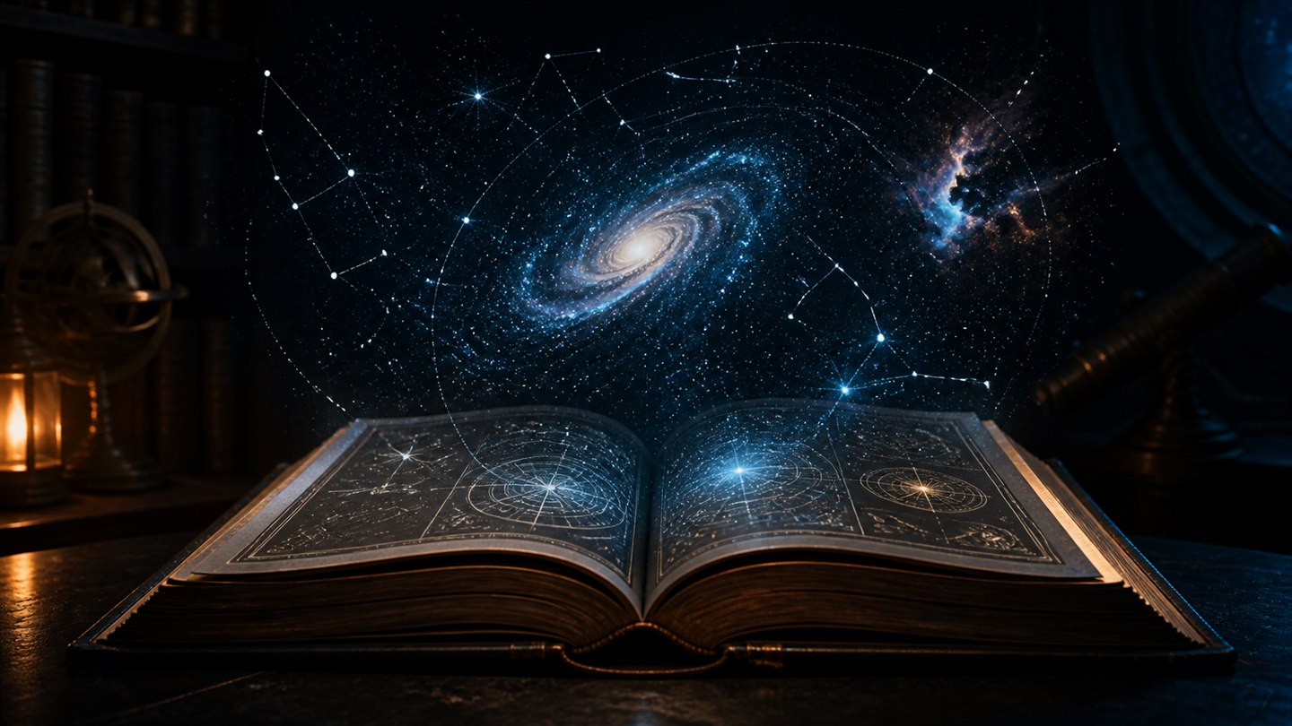 Açık astronomi kataloğu kitabından yükselen galaksi ve yıldız haritası